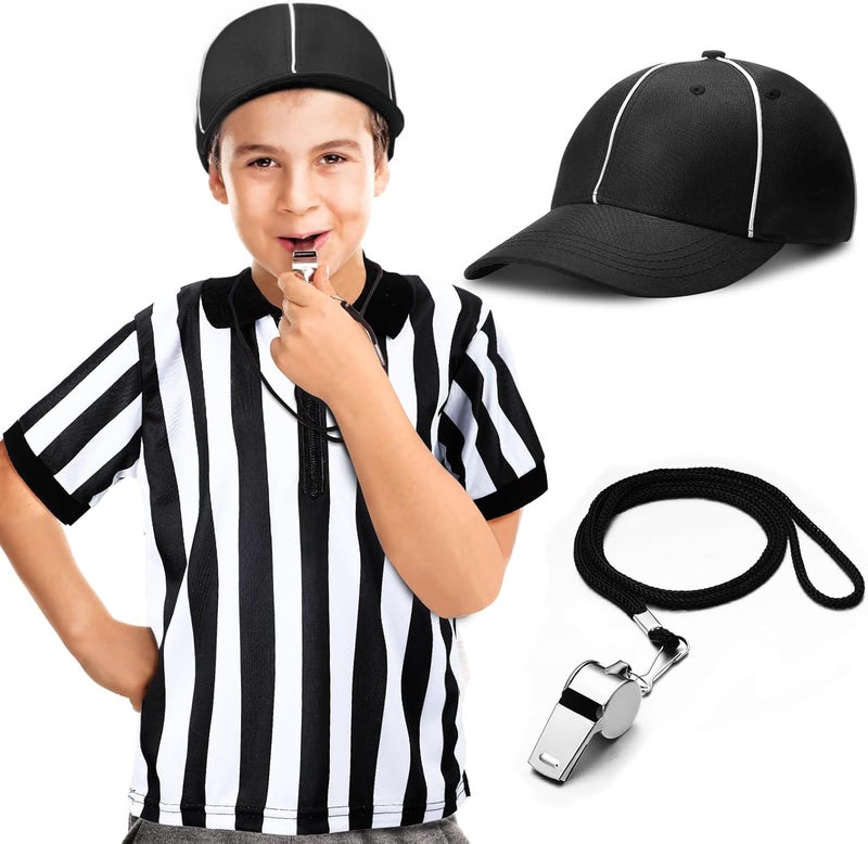Funtery 4 Pcs Referee Costume Set Kids Referee Hat Stripe Shirt Whistle and Penalty Flag for Football Games Party Accessory - Image 1